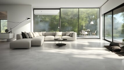 Fototapeta premium Modern living room with large windows overlooking greenery, featuring sleek furniture.