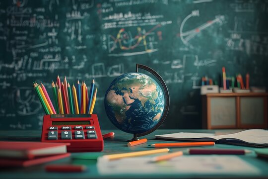 Classroom globe, pencils, calculator, equations (1)