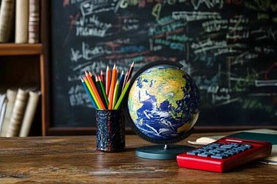 Classroom desk globe pencils calculator learning