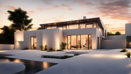 Modern architectural design featuring a sleek house at sunset with landscaped surroundings.