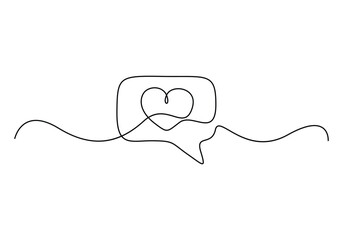 Single line drawing of speech bubbles. Simple continuous one line bubble chat with a heart .Talk bubbles one line drawing. Speech clouds with a like continuous line. Vector illustration