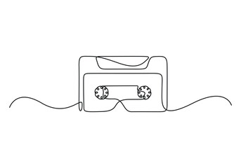 Obraz premium Continuous one line drawing of retro cassette sticker icon. Cassette tape music logo symbol vector illustration
