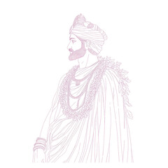 The image shows a line drawing of a historically dressed Indian man in profile view wearing ornate jewelry and a turban.