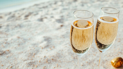 Two glasses of sparkling champagne on sandy beach. Celebration. Holiday card, banner. Top view with copy space.