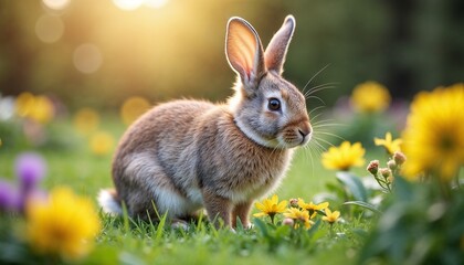 Fototapeta premium Cute rabbit sitting among colorful flowers in a sunlit meadow, capturing the essence of spring 