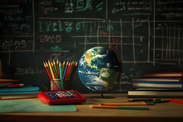 Classroom Globe, Desk, Books, Equations, Learning