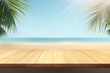 Beach summer wood table mockup