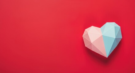 Geometric heart of two colors on a red background. Empty space for text on the left