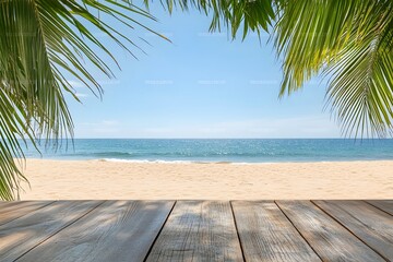 Tropical beach scene; wooden surface, palm leaves, ocean view; product display