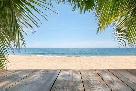 Tropical beach scene; wooden surface, palm leaves, ocean view; product display