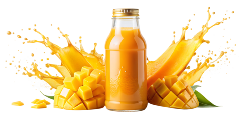 a plastic bottle of mango juice with an orange cap and splash, png