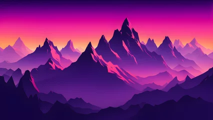 Fototapete Rund A vibrant, stylized mountain landscape at sunset, showcasing rich colors and depth. © KHUSEN