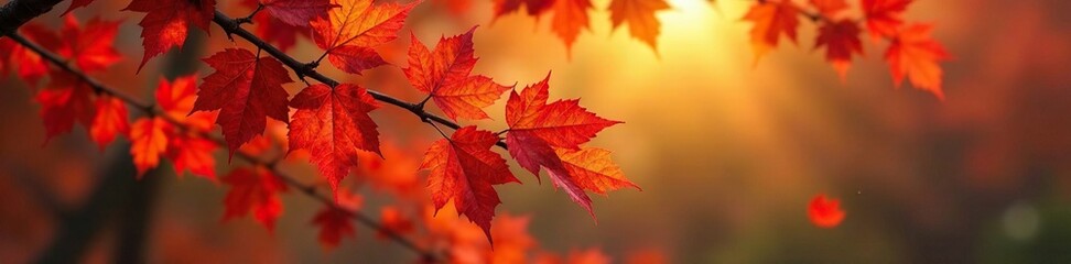 Golden hues upon crimson leaves entwined with branches, autumn colors tree foliage photography, branch