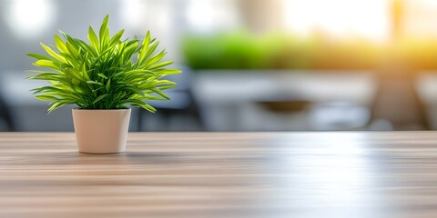 Fototapeta premium A small green plant in a white pot placed on a wooden table, with a blurred background featuring soft lighting. Concept Indoor Plant Decor, Minimalist Aesthetics, Soft Lighting Ambiance
