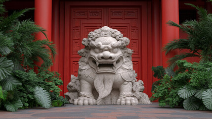 Obraz premium Stone lion statue in front of red door. Asian style, culture concept. Print, poster, card. Front view, no copy space.