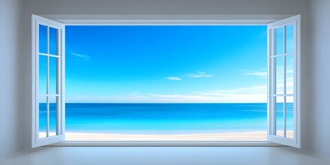 A serene beach view with clear blue water and a bright sky seen through an open window. Concept Scenic Beach View, Open Window Frame, Clear Blue Water, Bright Sky, Tranquil Atmosphere