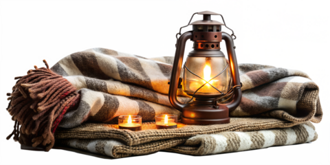 cozy camping setup with vintage lantern cut out