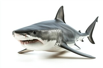 A realistic model of a shark showcasing its distinctive features, including sharp teeth and a streamlined body, against a plain background.