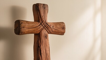 Rustic wooden cross displayed against a neutral background, symbol of faith and spirituality