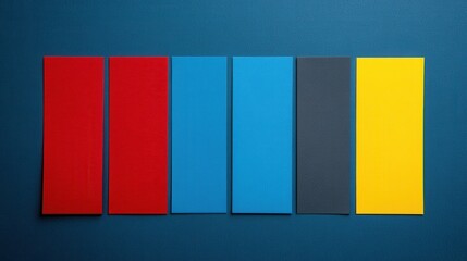 A series of colorful rectangular paper sheets arranged in a row against a blue background, featuring red, blue, gray, and yellow colors.
