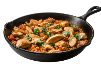  Cast-iron skillet with chicken and rice paella, transparent background, PNG format