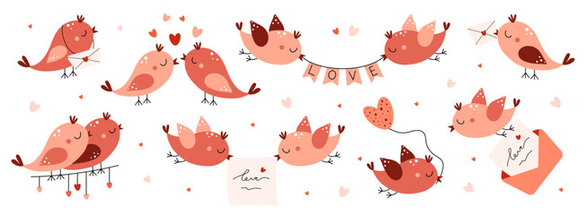 Obraz premium Set of cute birds with hearts, envelope with letter. Love, romance, relationship concept. Valentine's day. Flat vector illustration