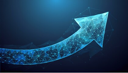 arrow up composed in low polygon or low poly design. growth symbol consists of lines, dots,