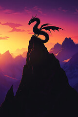A silhouette of a dragon perched atop a mountain at sunset, evoking fantasy and adventure.