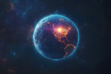 Obraz premium Night Earth, glowing North America, space, nebula, website