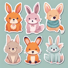 A cute collection of illustrated animal stickers featuring various adorable rabbits and foxes in playful poses, with soft pastel colors and charming facial expressions.