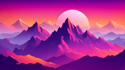 Selbstklebende Fototapeten A vibrant digital landscape featuring mountains and a sunset in shades of pink and purple. © KHUSEN
