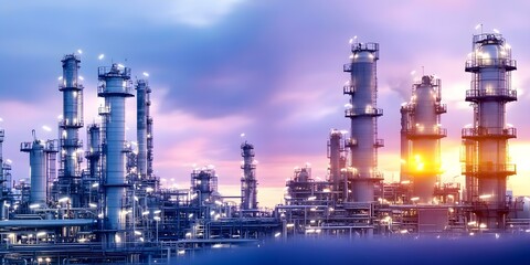 Obraz premium A large industrial facility with numerous tall smokestacks and pipelines, set against a colorful sunset sky. Concept Industrial Landscape, Smokestacks Silhouette, Sunset Sky, Urban Environment