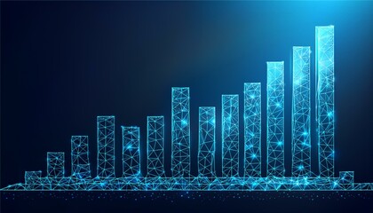 Fototapeta premium Abstract image of a growth chart in glowing blue. Low polygon or low poly design. particle,