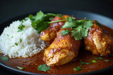 Fototapeta premium Chicken Curry with Steamed Rice and Cilantro