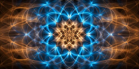 A vibrant abstract design featuring intricate patterns in blue and orange hues, resembling a floral or cosmic motif. Concept Abstract Artwork, Intricate Patterns, Blue and Orange Hues, Floral Motif