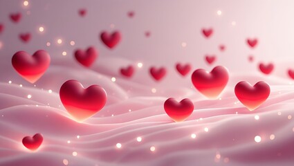 Blurry Glowing Red Hearts Floating Over a Soft Pink and White Gradient in a Warm Romantic Valentines Day Background.