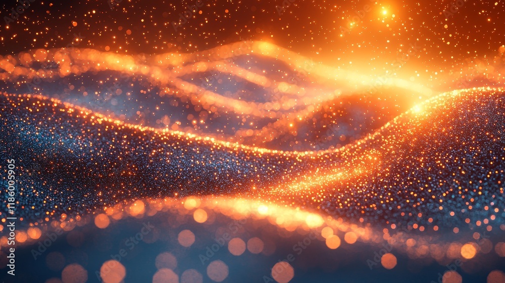 Poster dynamic abstract animation with shimmering waves and glowing particles offers a mesmerizing visual e