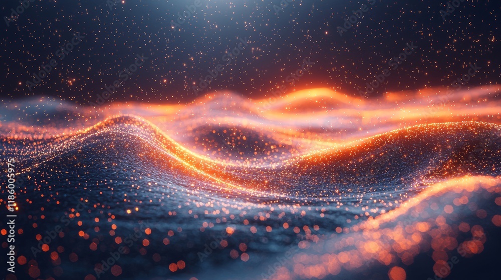 Poster shimmering waves and glowing particles in a dynamic abstract animation produce a mesmerizing visual 
