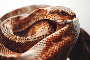 Obraz premium A close-up view of a coiled snake, showcasing its textured skin and intricate patterns in warm brown hues.