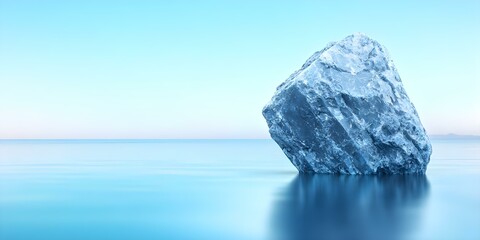 A large rock stands alone in a calm, blue ocean under a clear sky, creating a serene and tranquil scene. Concept Solitary Rock, Calm Ocean, Clear Sky, Serene Landscape, Tranquil Nature