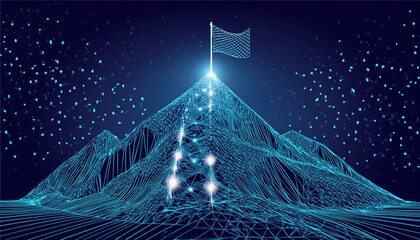 Flag on the top of Mountain form lines, triangles and particle style design. INDEPENDENCE, AUGUST 17, NATIONAL HOLIDAY.