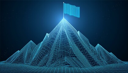 Flag on the top of Mountain form lines, triangles and particle style design. INDEPENDENCE, AUGUST 17, NATIONAL HOLIDAY.