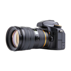 Fototapeta premium Close up of professional DSLR camera with zoom lens on transparency background