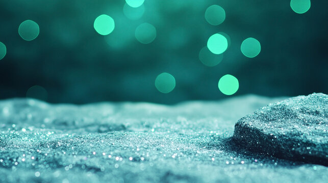 Teel sparkling surface with bokeh lights. Background for design, product presentation or text. Copy space