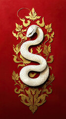 Dragon or Snake illustration design, minimalist, graphic design, clear scales, writhing body, gold foil paper brush marks