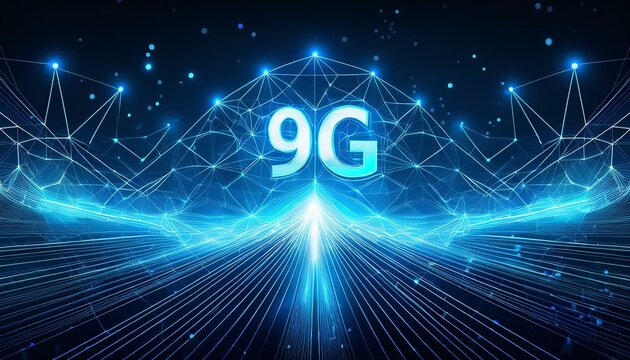 Abstract blue glowing 9G High-Speed network wireless internet connection. communication 
