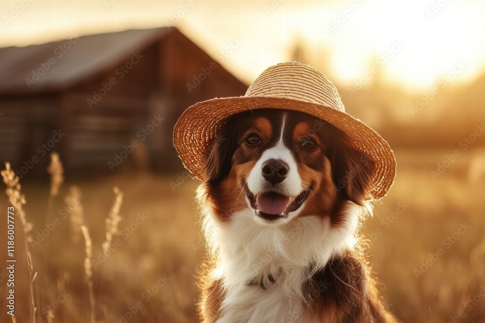 Aufkleber dog in a straw hat enjoys the warm sunset at a rustic farm surrounded by golden fields. generative a