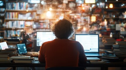 Focused Digital Nomad Working on Multiple Screens in a Library Surrounded by Books and Creative Data Visualization Elements