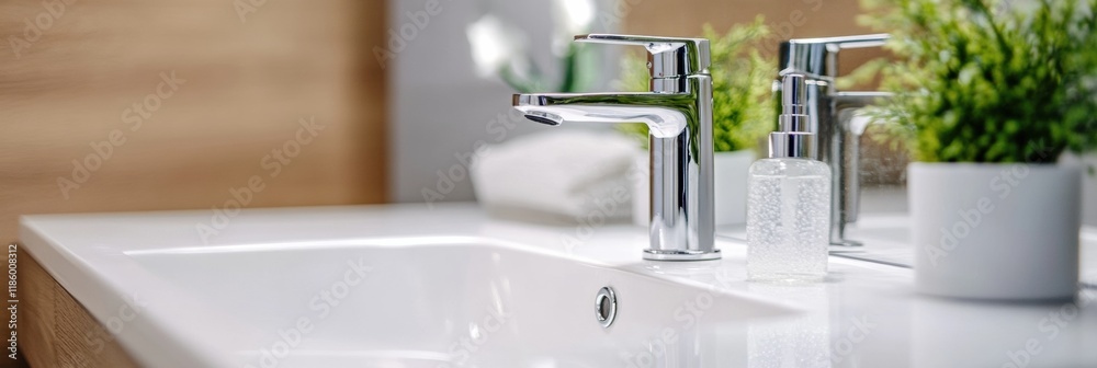 Poster sanitizer droplets at a modern sink effectively eliminating bacteria during daily hand hygiene routi