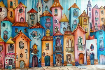 Vibrant Colorful Houses in Shades of Blue and Pink with Unique Designs
